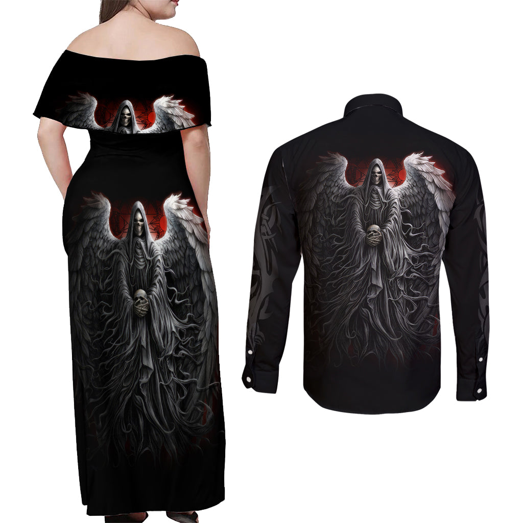 Skull Couples Matching Off Shoulder Maxi Dress and Long Sleeve Button Shirts Death Angel Hold Skull - Wonder Print Shop