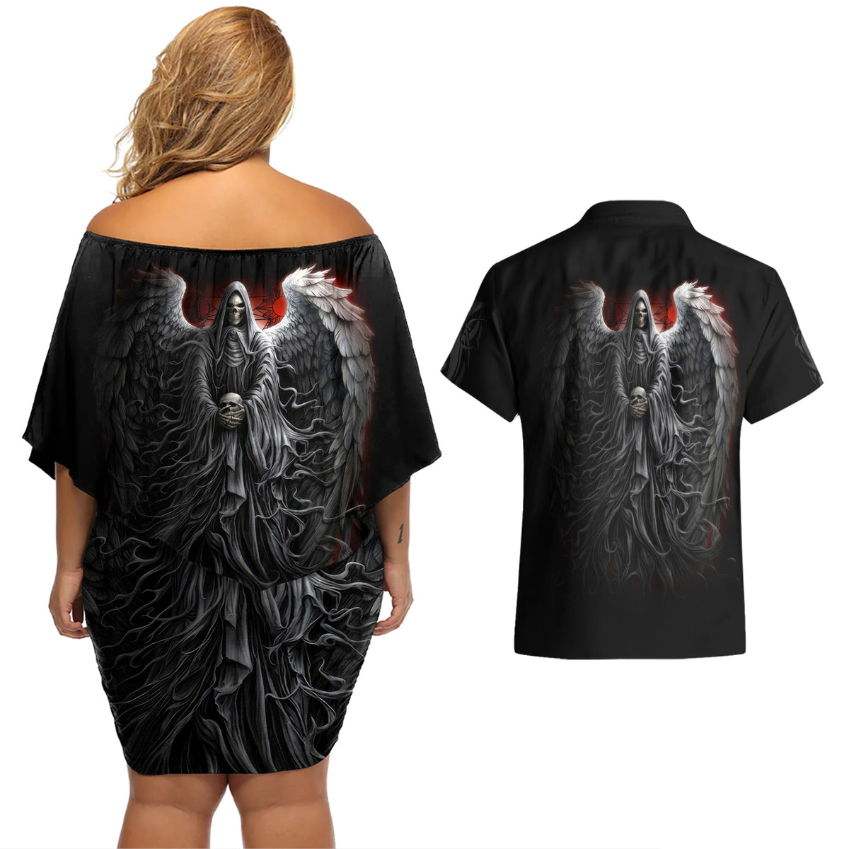 Skull Couples Matching Off Shoulder Short Dress and Hawaiian Shirt Death Angel Hold Skull - Wonder Print Shop