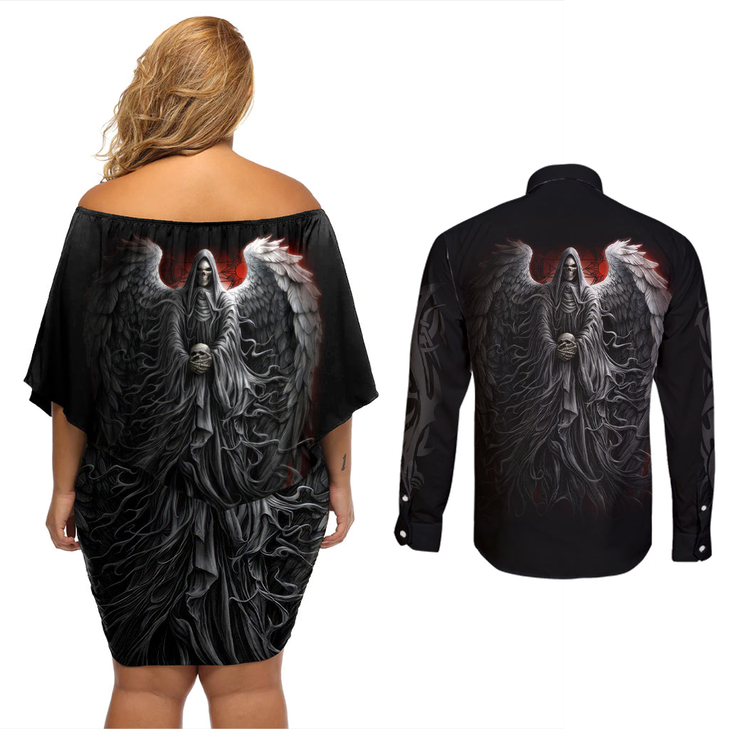 Skull Couples Matching Off Shoulder Short Dress and Long Sleeve Button Shirts Death Angel Hold Skull - Wonder Print Shop