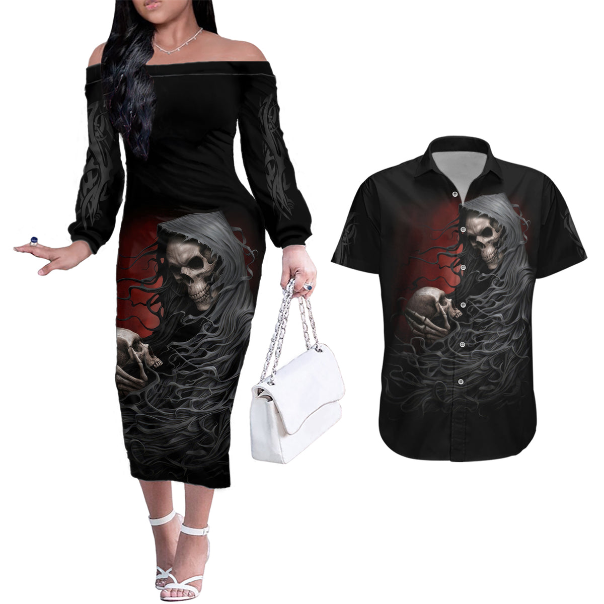 Skull Couples Matching Off The Shoulder Long Sleeve Dress and Hawaiian Shirt Death Angel Hold Skull - Wonder Print Shop