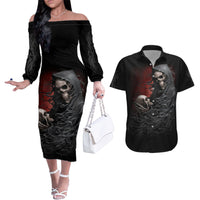 Skull Couples Matching Off The Shoulder Long Sleeve Dress and Hawaiian Shirt Death Angel Hold Skull - Wonder Print Shop