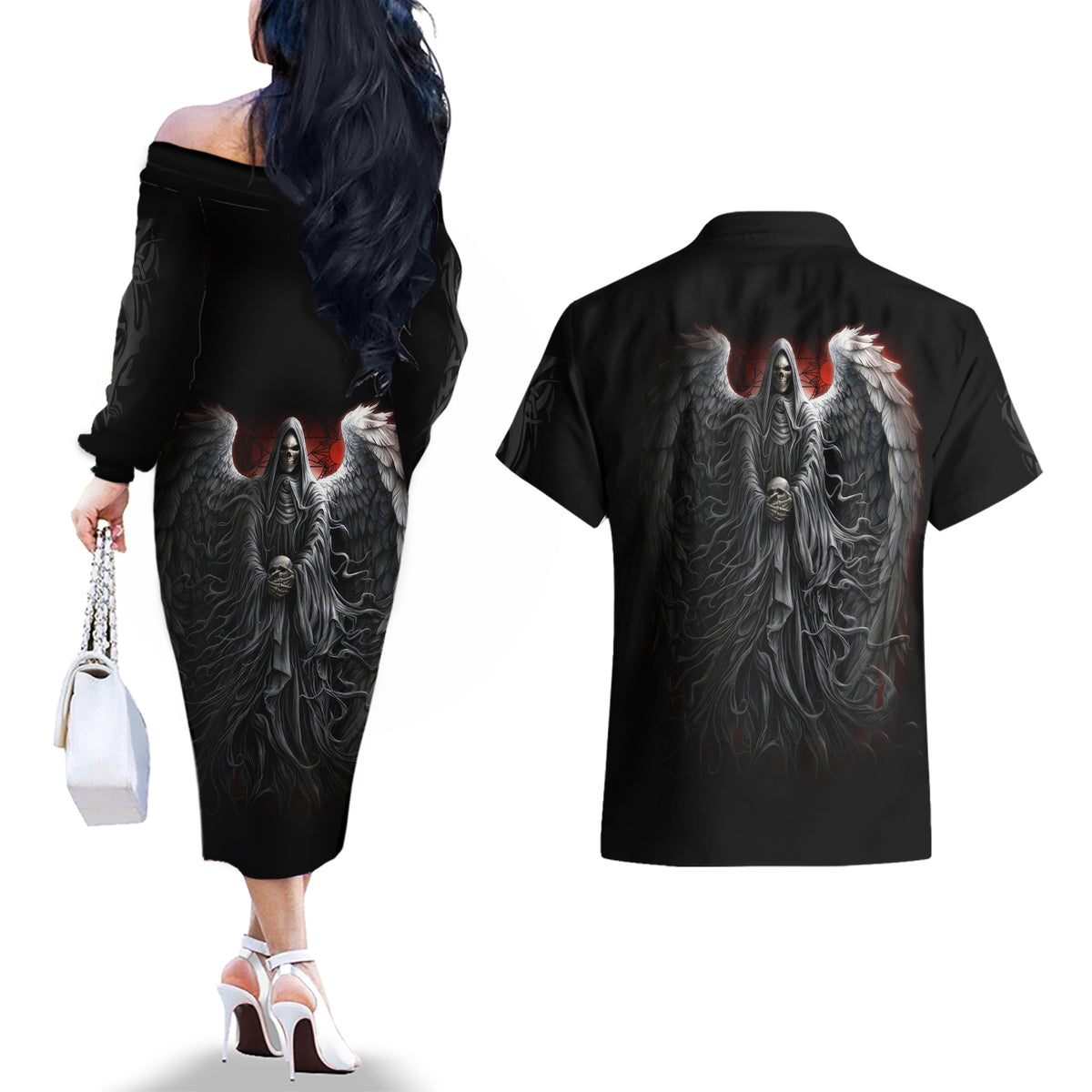 Skull Couples Matching Off The Shoulder Long Sleeve Dress and Hawaiian Shirt Death Angel Hold Skull - Wonder Print Shop