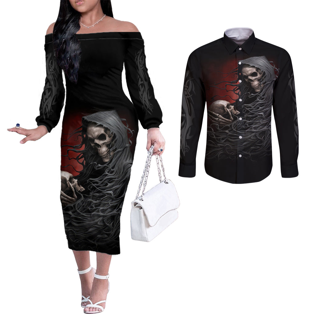 Skull Couples Matching Off The Shoulder Long Sleeve Dress and Long Sleeve Button Shirts Death Angel Hold Skull DT01