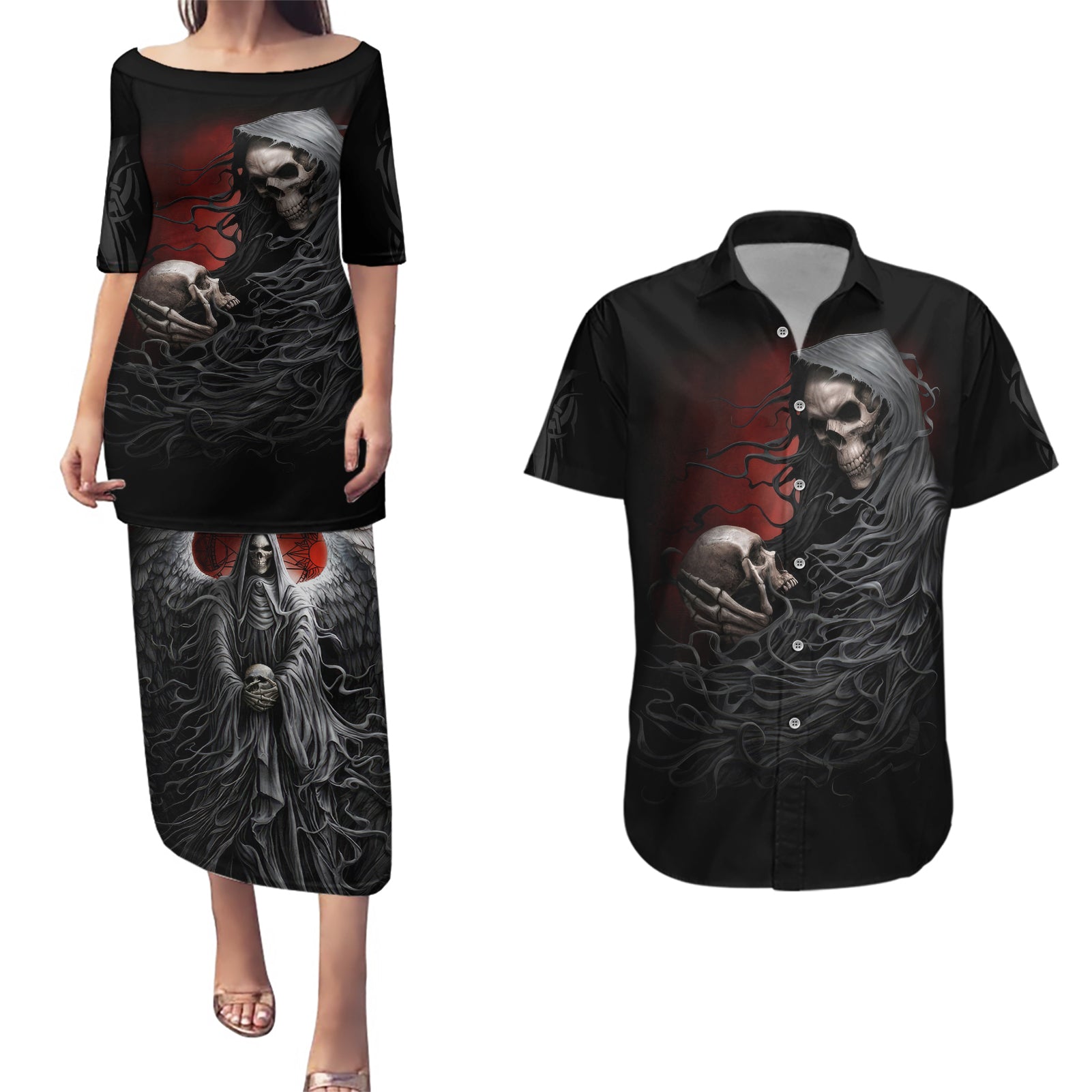 Skull Couples Matching Puletasi Dress and Hawaiian Shirt Death Angel Hold Skull - Wonder Print Shop