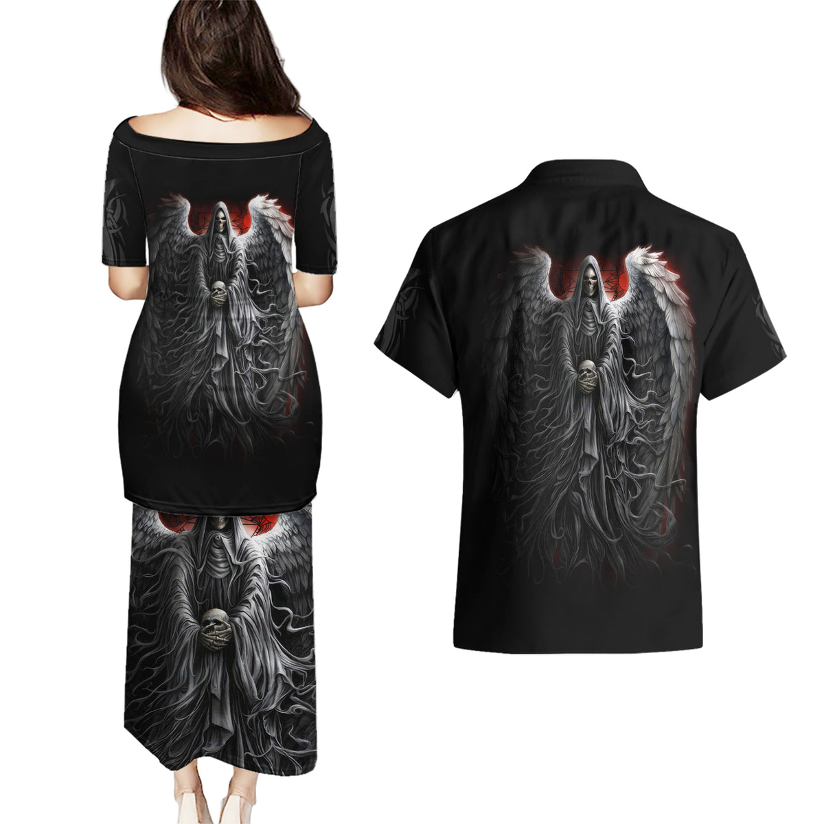 Skull Couples Matching Puletasi Dress and Hawaiian Shirt Death Angel Hold Skull - Wonder Print Shop