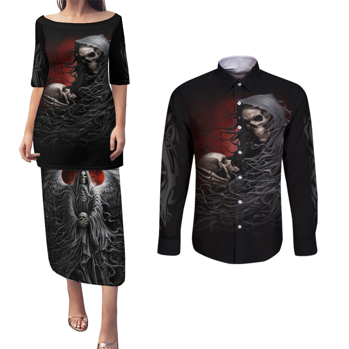 Skull Couples Matching Puletasi Dress and Long Sleeve Button Shirts Death Angel Hold Skull - Wonder Print Shop