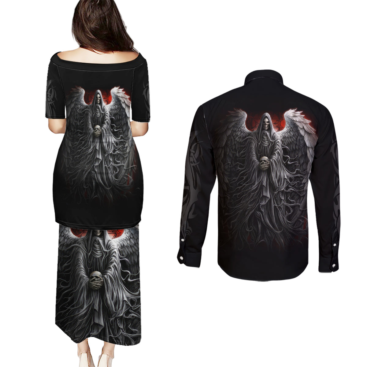 Skull Couples Matching Puletasi Dress and Long Sleeve Button Shirts Death Angel Hold Skull - Wonder Print Shop