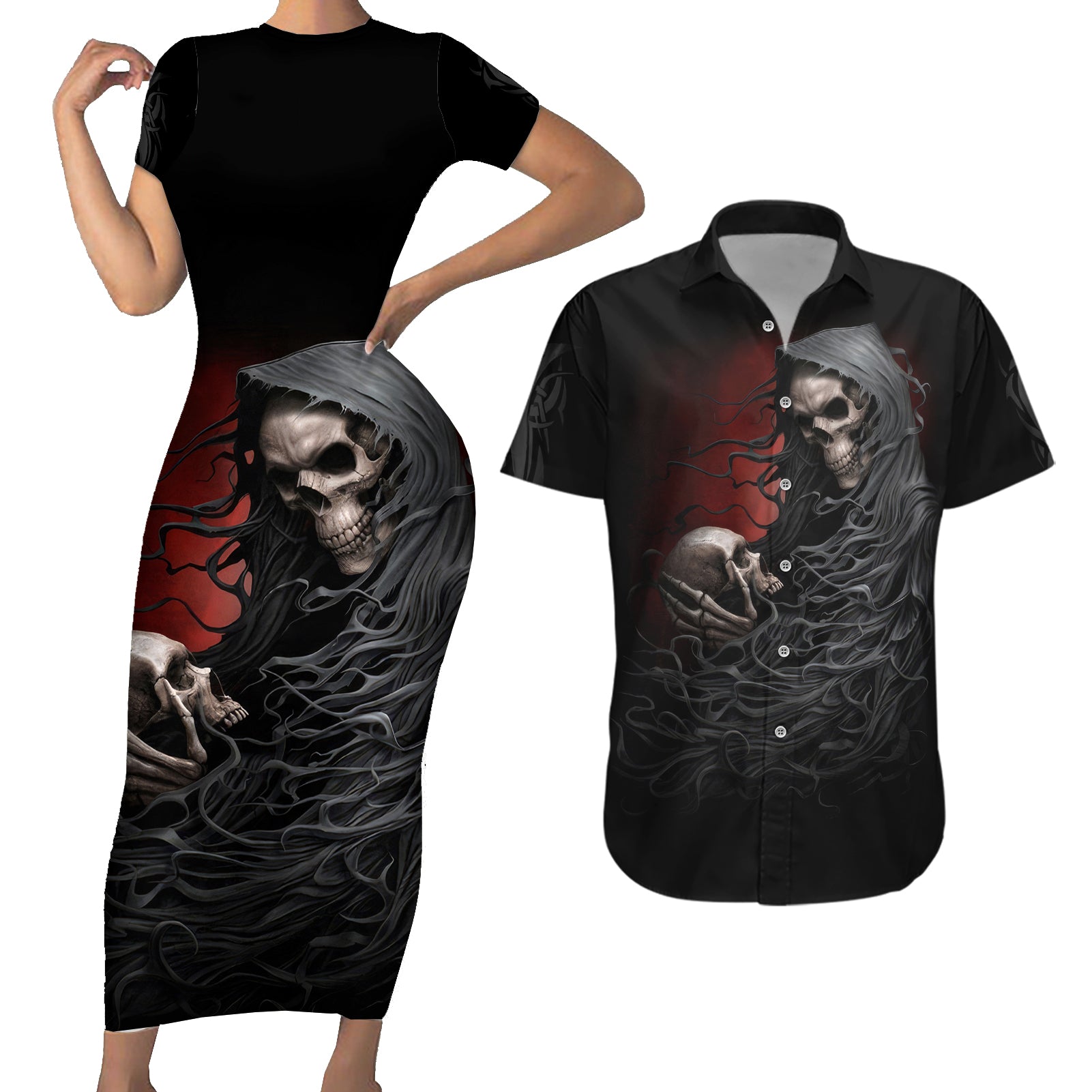 Skull Couples Matching Short Sleeve Bodycon Dress and Hawaiian Shirt Death Angel Hold Skull - Wonder Print Shop