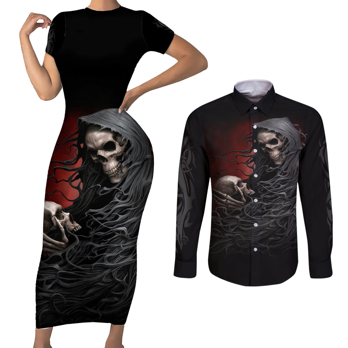 Skull Couples Matching Short Sleeve Bodycon Dress and Long Sleeve Button Shirts Death Angel Hold Skull - Wonder Print Shop