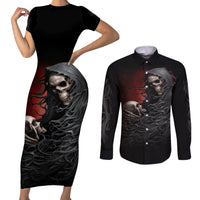 Skull Couples Matching Short Sleeve Bodycon Dress and Long Sleeve Button Shirts Death Angel Hold Skull - Wonder Print Shop