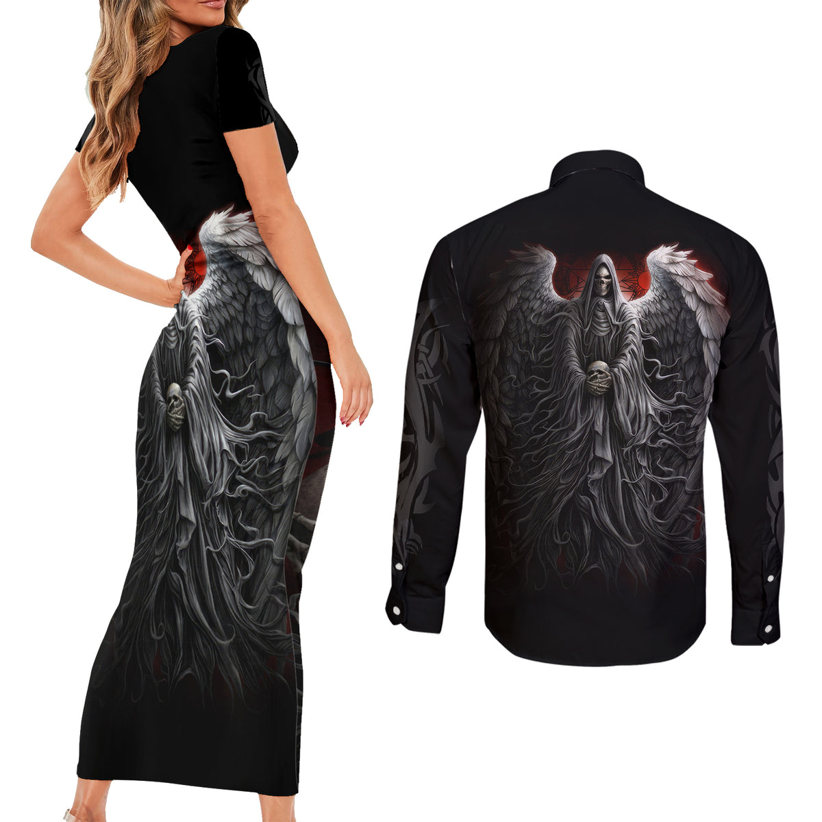 Skull Couples Matching Short Sleeve Bodycon Dress and Long Sleeve Button Shirts Death Angel Hold Skull - Wonder Print Shop