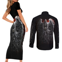 Skull Couples Matching Short Sleeve Bodycon Dress and Long Sleeve Button Shirts Death Angel Hold Skull - Wonder Print Shop