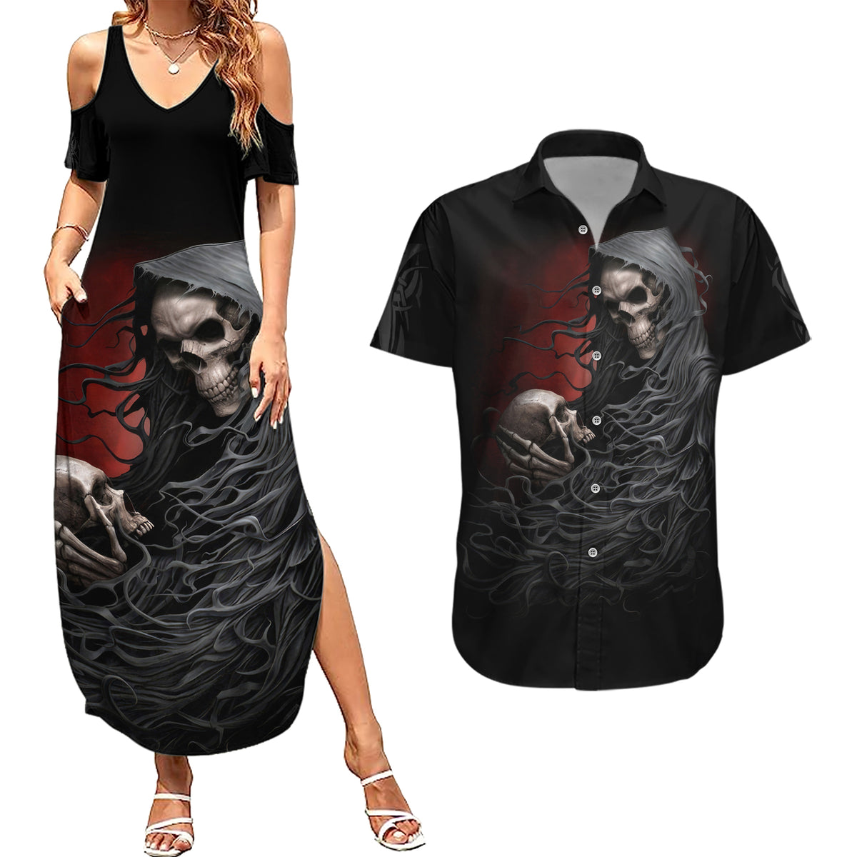 Skull Couples Matching Summer Maxi Dress and Hawaiian Shirt Death Angel Hold Skull - Wonder Print Shop