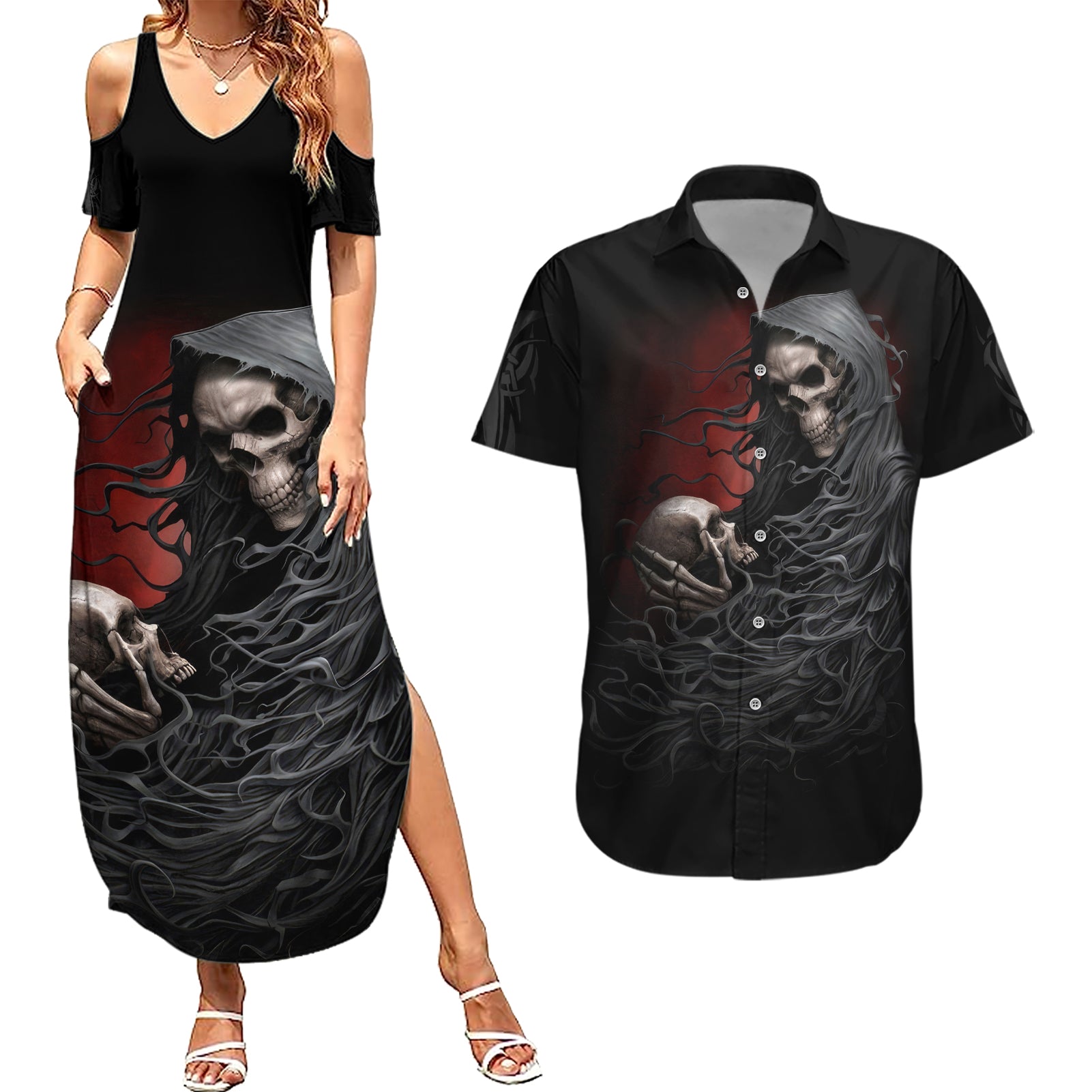 Skull Couples Matching Summer Maxi Dress and Hawaiian Shirt Death Angel Hold Skull - Wonder Print Shop