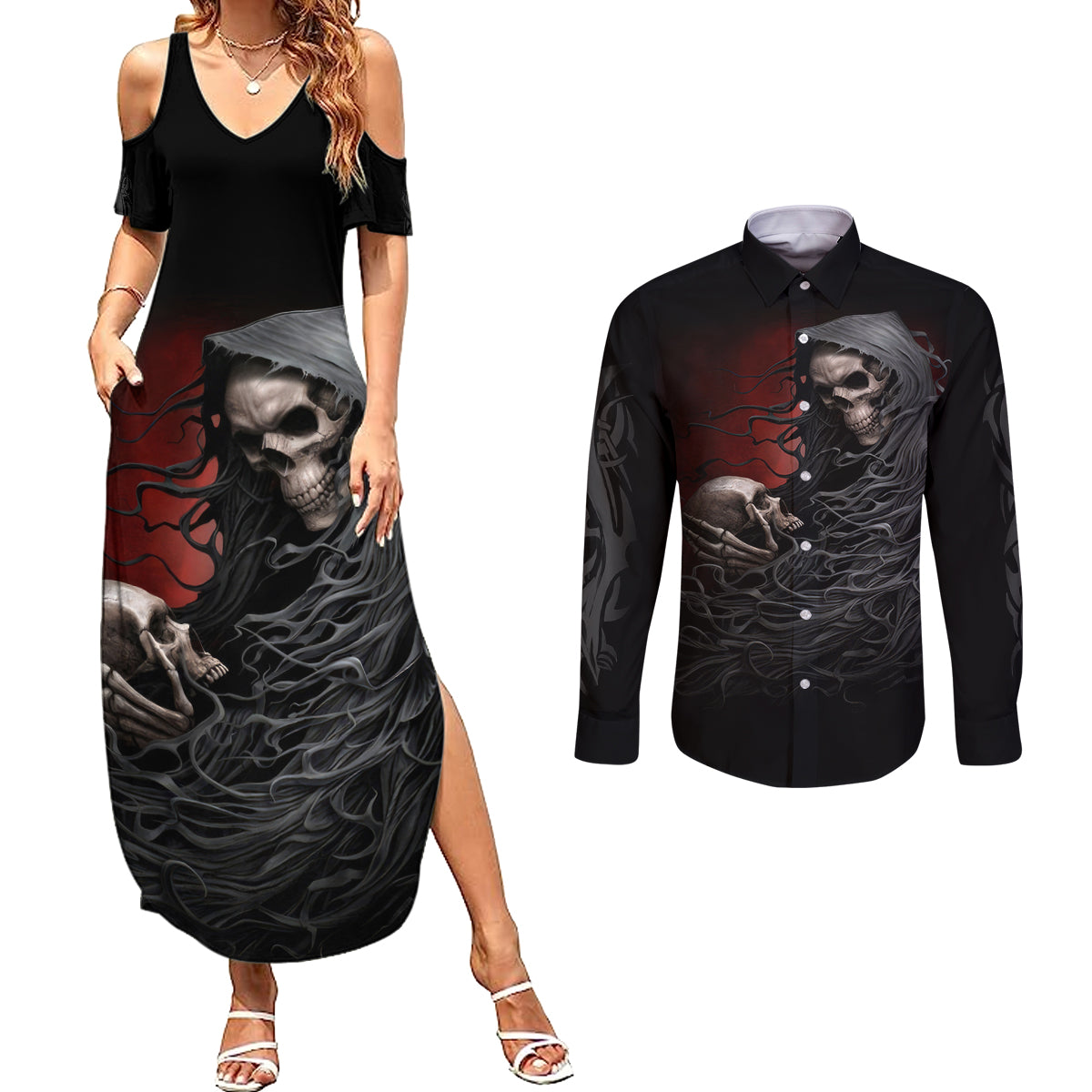 Skull Couples Matching Summer Maxi Dress and Long Sleeve Button Shirts Death Angel Hold Skull - Wonder Print Shop