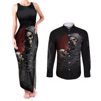 Skull Couples Matching Tank Maxi Dress and Long Sleeve Button Shirts Death Angel Hold Skull - Wonder Print Shop