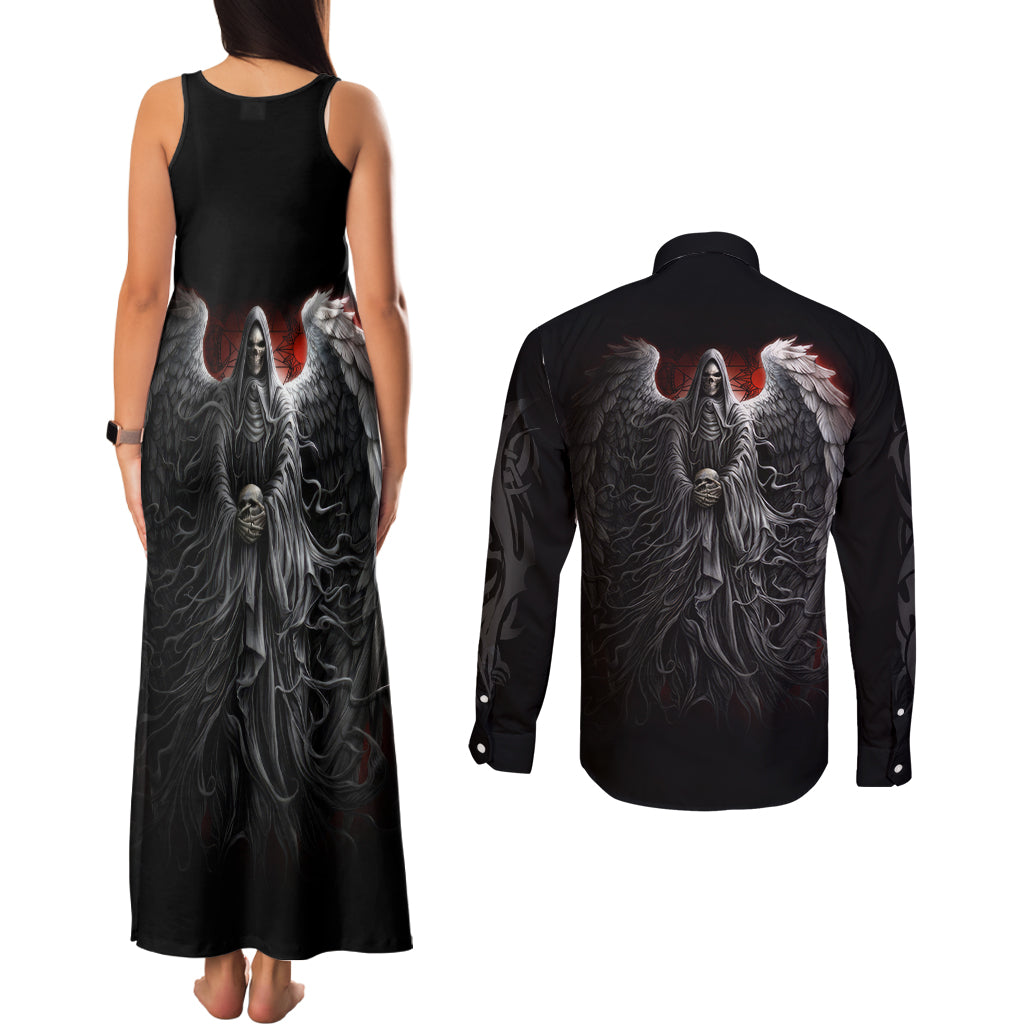 Skull Couples Matching Tank Maxi Dress and Long Sleeve Button Shirts Death Angel Hold Skull - Wonder Print Shop