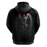 Black pullover hoodie with winged skull graphic on back