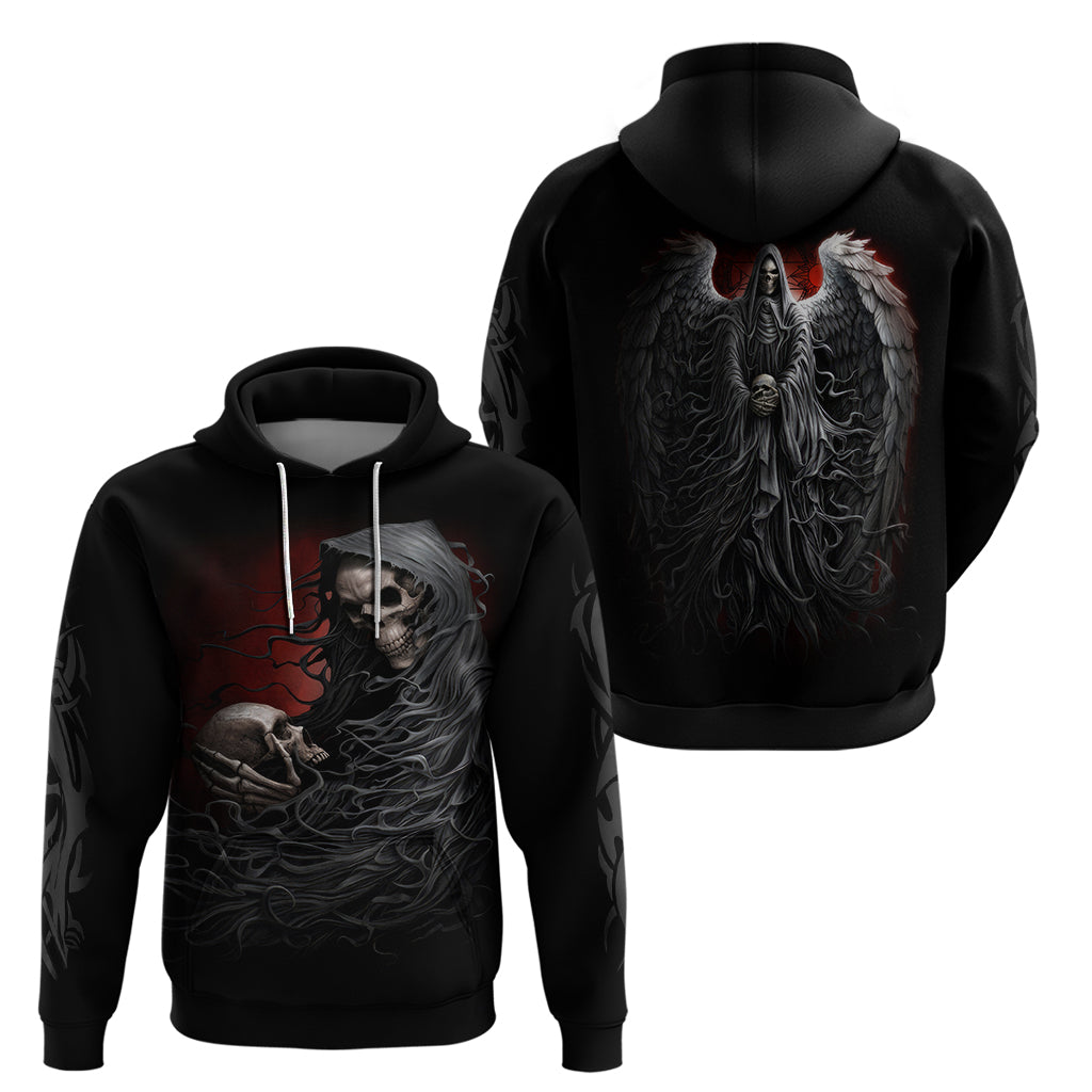 Black pullover hoodie; front skull graphic and back winged angel print