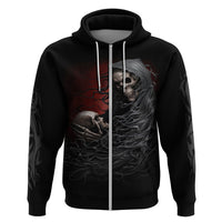 Black pullover hoodie with hood strings and skull artwork with red accents