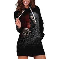 Black skull hoodie dress with front skull-and-hand graphic, hood with ties