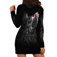 Black skull hoodie dress with hood and long sleeves, back graphic