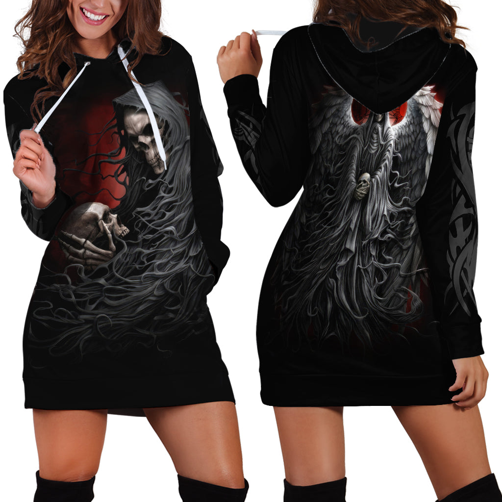 Black skull hoodie dress, front print with hood and white drawstrings