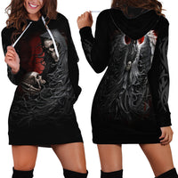 Black skull hoodie dress, front print with hood and white drawstrings