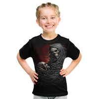 Black graphic T-shirt with skull and handhold design on front