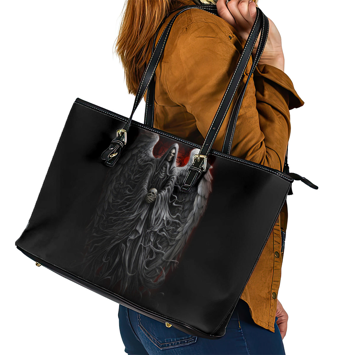 Skull Leather Tote Bag Death Angel Hold Skull - Wonder Print Shop