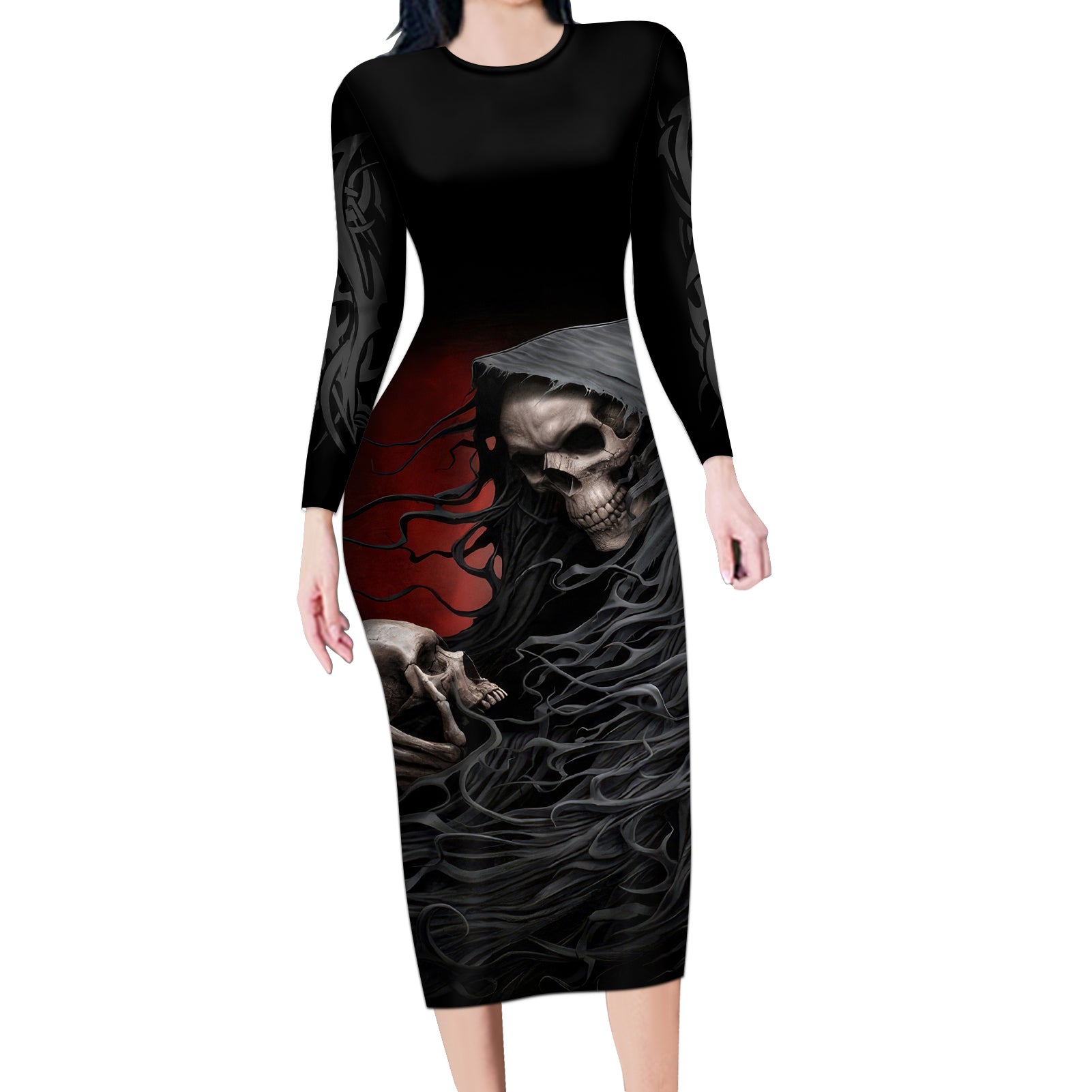 Skull Long Sleeve Bodycon Dress Death Angel Hold Skull - Wonder Print Shop