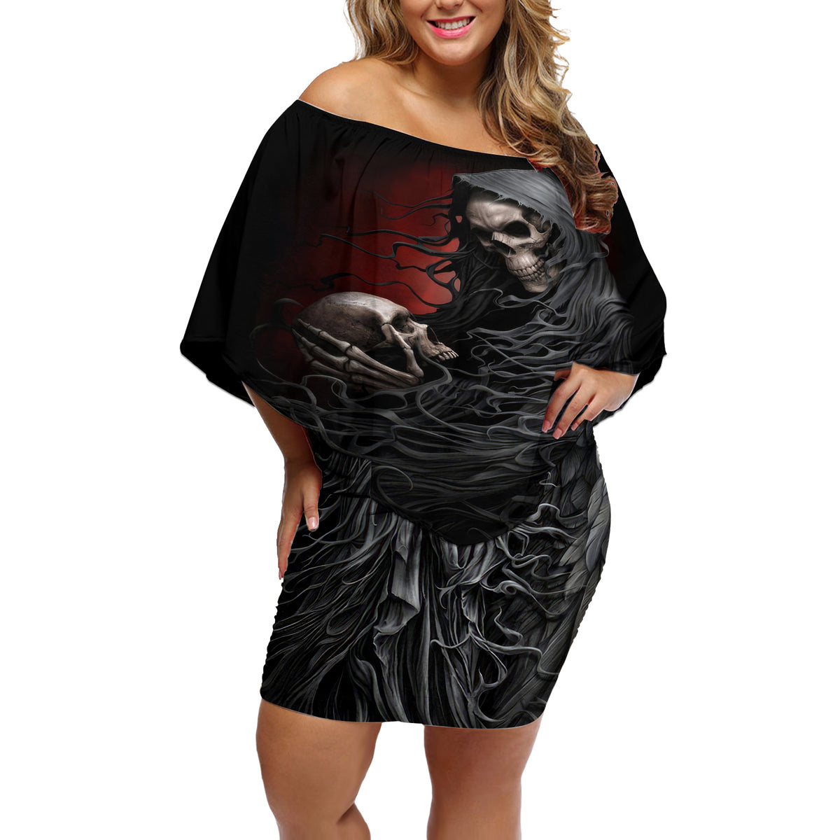 Skull Off Shoulder Short Dress Death Angel Hold Skull - Wonder Print Shop