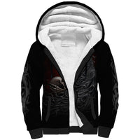 Black unisex sherpa hoodie with white-lined hood and skull graphic front
