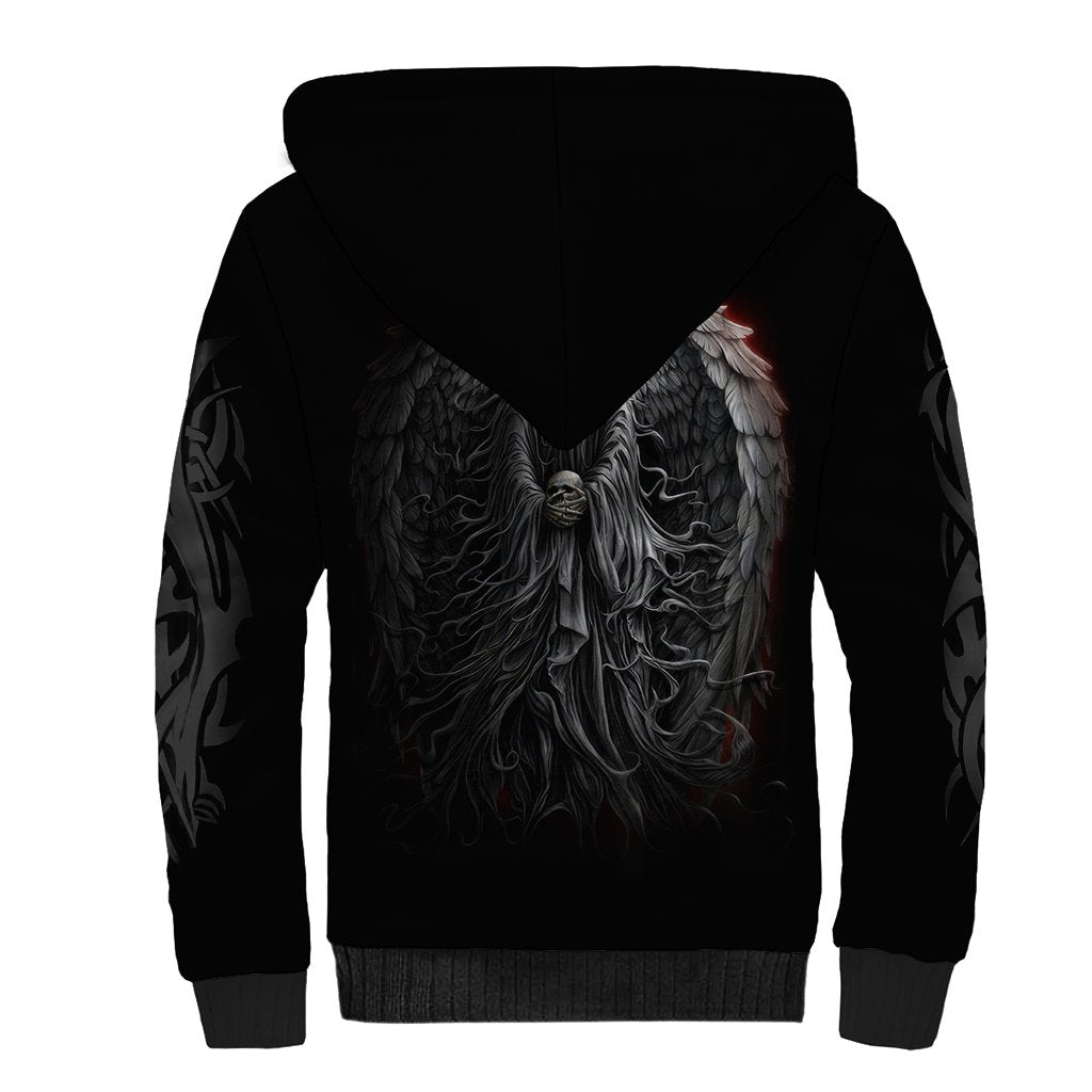 Black unisex sherpa hoodie back with large winged skull graphic