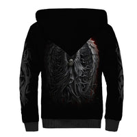 Black unisex sherpa hoodie back with large winged skull graphic