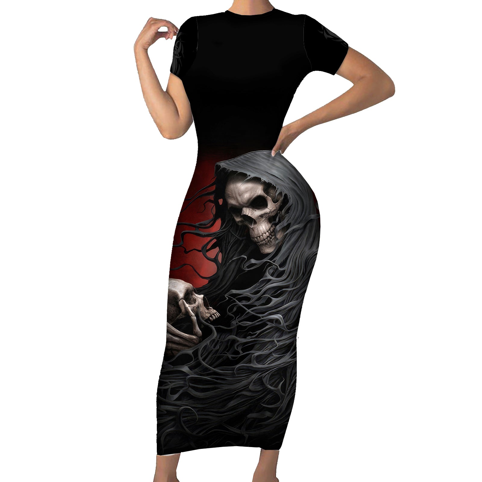 Skull Short Sleeve Bodycon Dress Death Angel Hold Skull - Wonder Print Shop