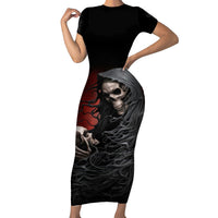 Black short-sleeve bodycon long dress with skull graphic and red flame accents