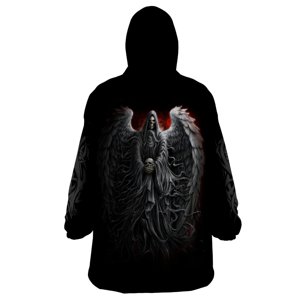 Black wearable blanket hoodie with back angel and wings skull print