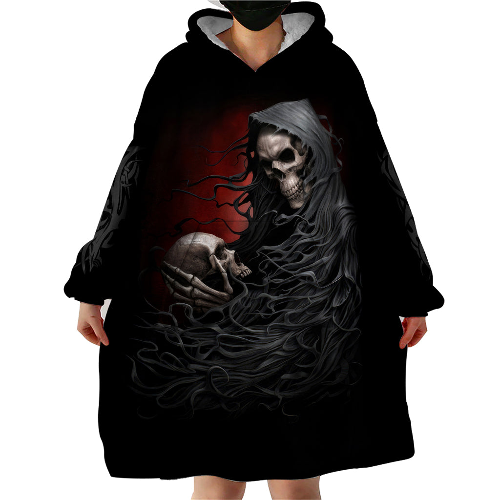 Black wearable blanket hoodie with hooded skull and angel holding skull front graphic
