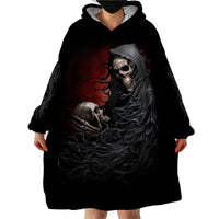 Black wearable blanket hoodie with hooded skull and angel holding skull front graphic
