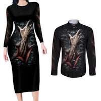 Skull Couples Matching Long Sleeve Bodycon Dress and Long Sleeve Button Shirts Skeleton Ripped inside - Wonder Print Shop