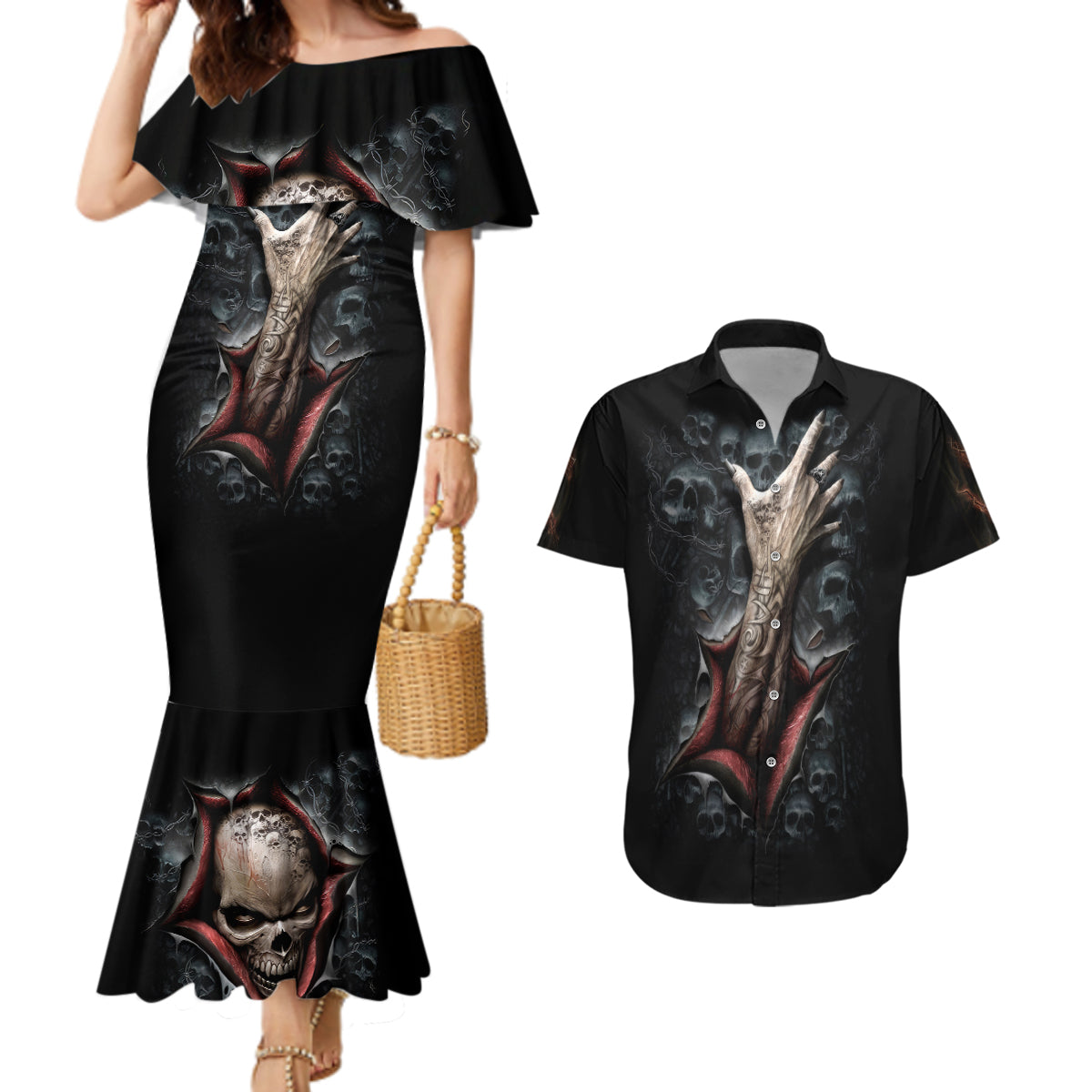 Skull Couples Matching Mermaid Dress And Hawaiian Shirt Skeleton Ripped inside - Wonder Print Shop