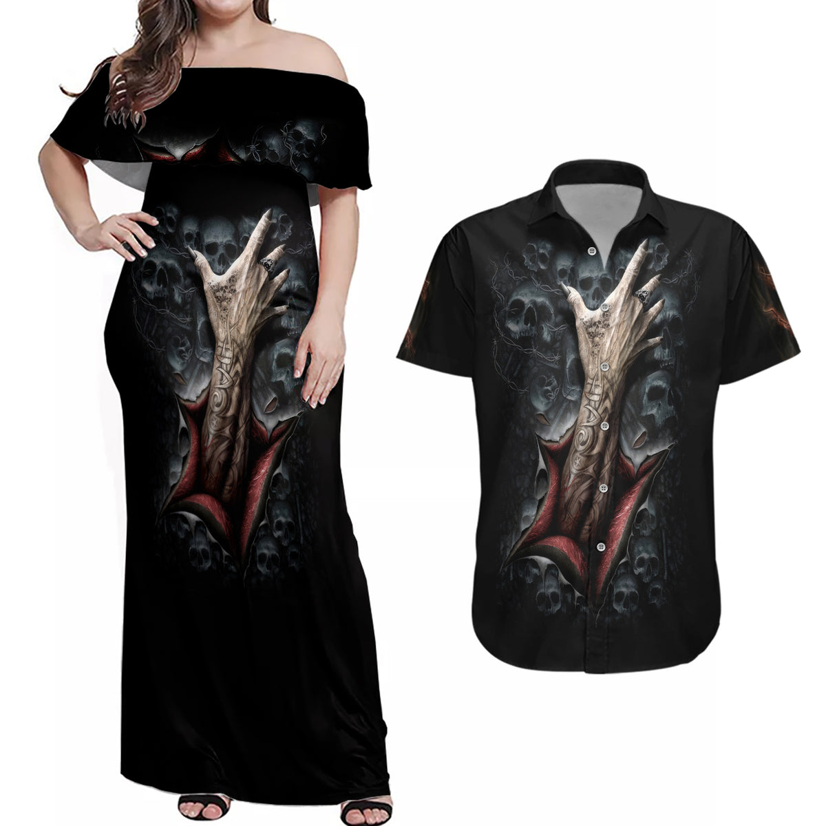 Skull Couples Matching Off Shoulder Maxi Dress and Hawaiian Shirt Skeleton Ripped inside - Wonder Print Shop