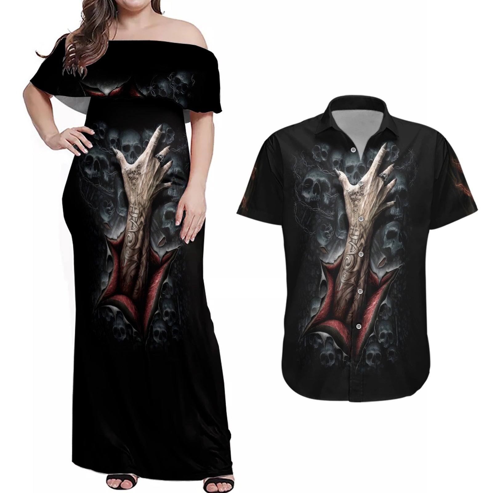Skull Couples Matching Off Shoulder Maxi Dress and Hawaiian Shirt Skeleton Ripped inside - Wonder Print Shop