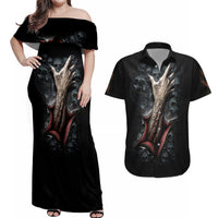 Skull Couples Matching Off Shoulder Maxi Dress and Hawaiian Shirt Skeleton Ripped inside - Wonder Print Shop