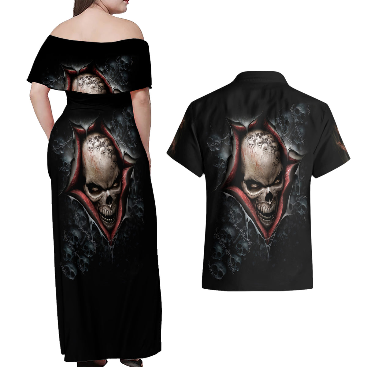 Skull Couples Matching Off Shoulder Maxi Dress and Hawaiian Shirt Skeleton Ripped inside - Wonder Print Shop