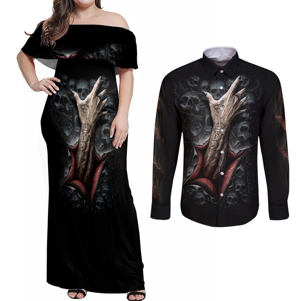 Skull Couples Matching Off Shoulder Maxi Dress and Long Sleeve Button Shirts Skeleton Ripped inside - Wonder Print Shop