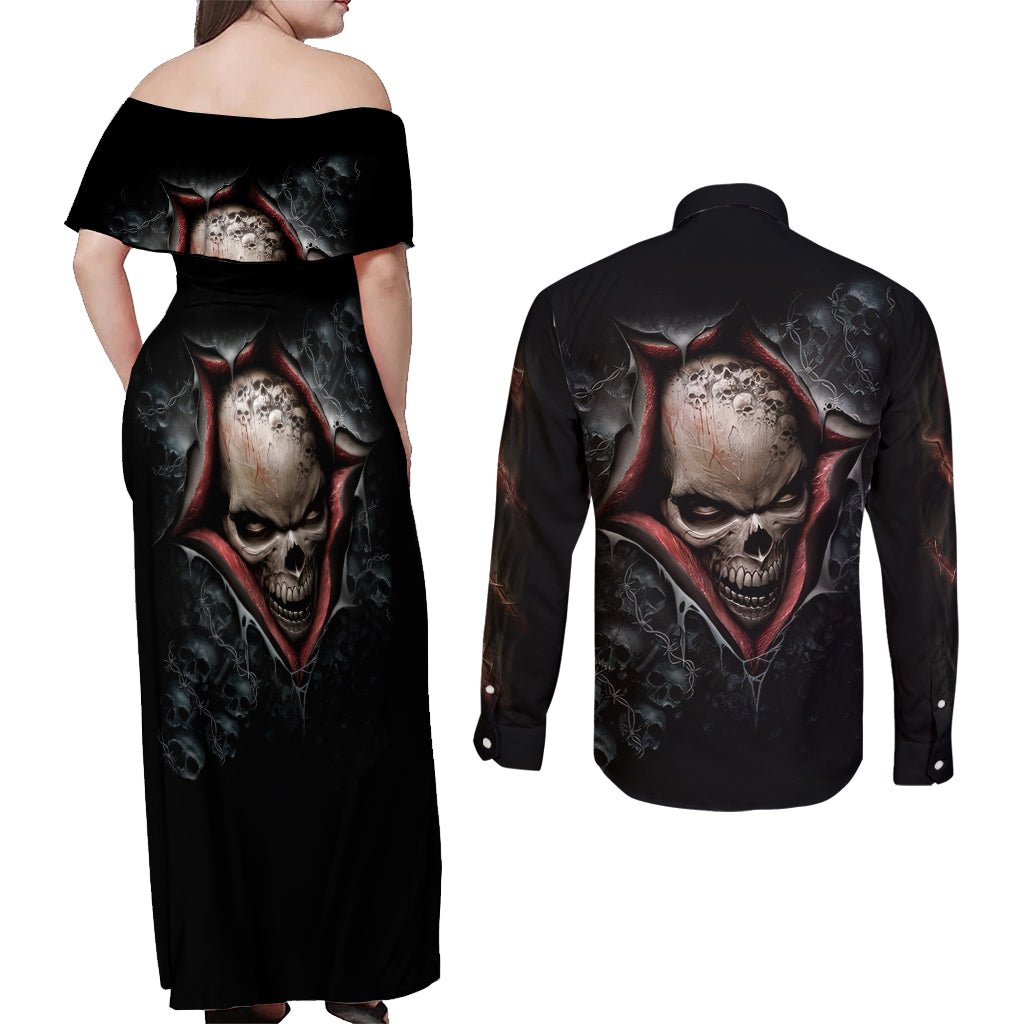 Skull Couples Matching Off Shoulder Maxi Dress and Long Sleeve Button Shirts Skeleton Ripped inside - Wonder Print Shop