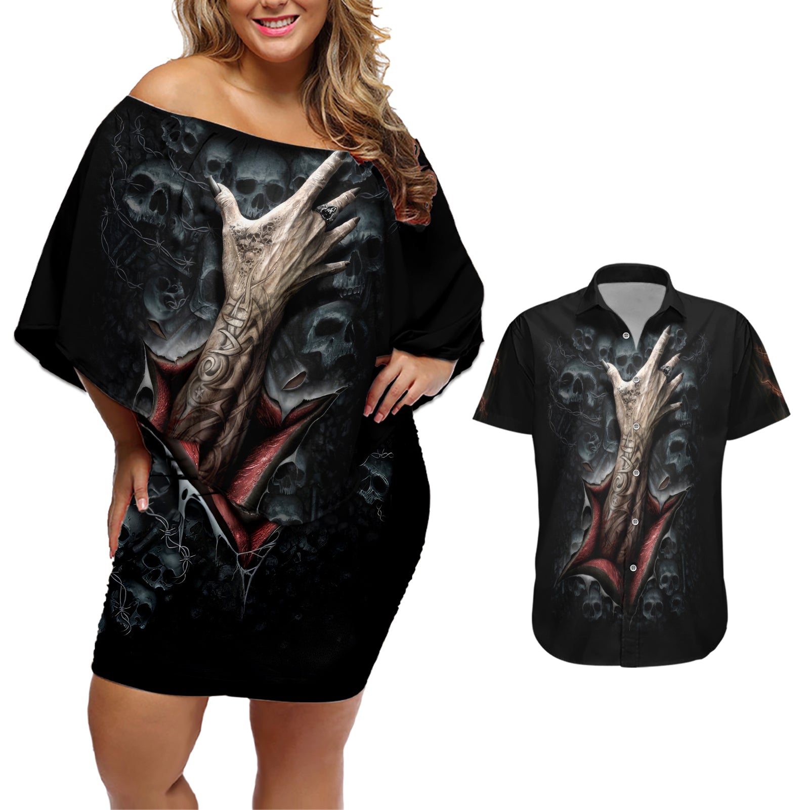 Skull Couples Matching Off Shoulder Short Dress and Hawaiian Shirt Skeleton Ripped inside - Wonder Print Shop