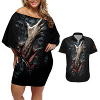 Skull Couples Matching Off Shoulder Short Dress and Hawaiian Shirt Skeleton Ripped inside - Wonder Print Shop